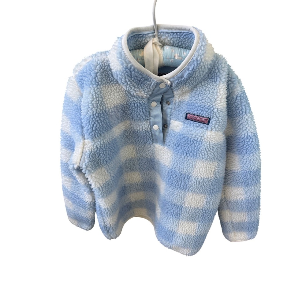 Vineyard Vines Kids Blue White Buffalo Check Sherpa Fleece Pullover Size M 10-12